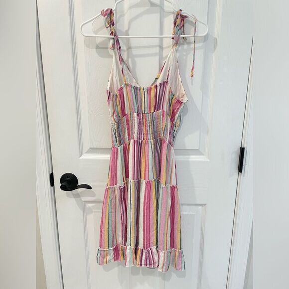 Main Strip Striped Tiered Tie Strap Mini A Line V Neck Dress Women’s Size S - Picture 2 of 5